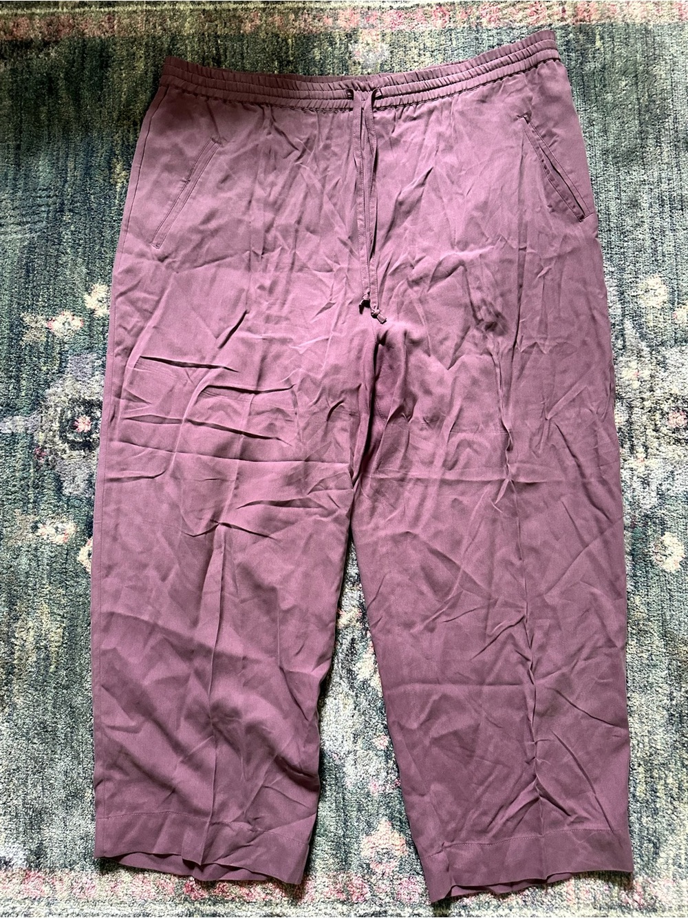 Vintage Sag Harbor 100% Silk Mauve Womenâs Wide Leg Drawstring Cropped Pants L